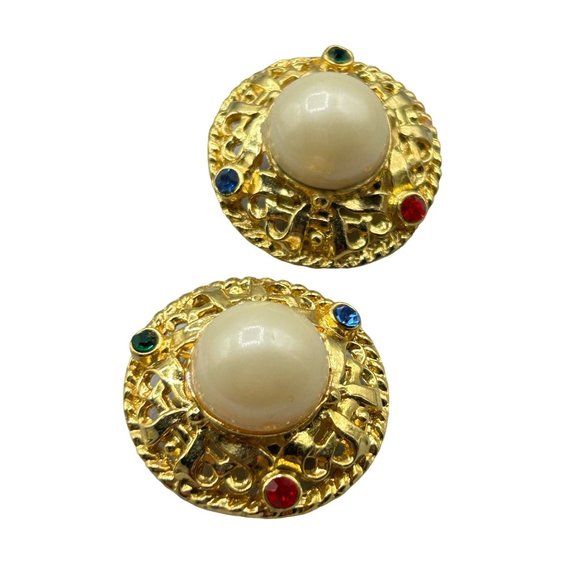 Pearls & Rhinestones Clip Earrings Gold Tone Round Domed Buttons Red Green Blue - Picture 1 of 5